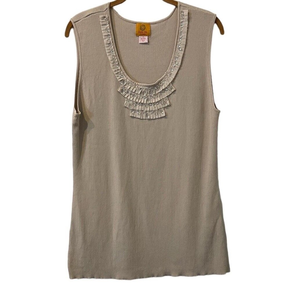 Ruby Rd. Ribbed Tank Top Women Plus 3X Beige Sleeveless Beaded Heavyweight